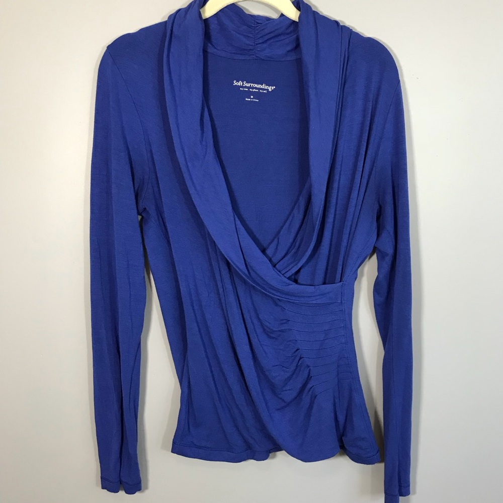 Soft Surroundings Blue Ruched Pleated Wrap Blouse